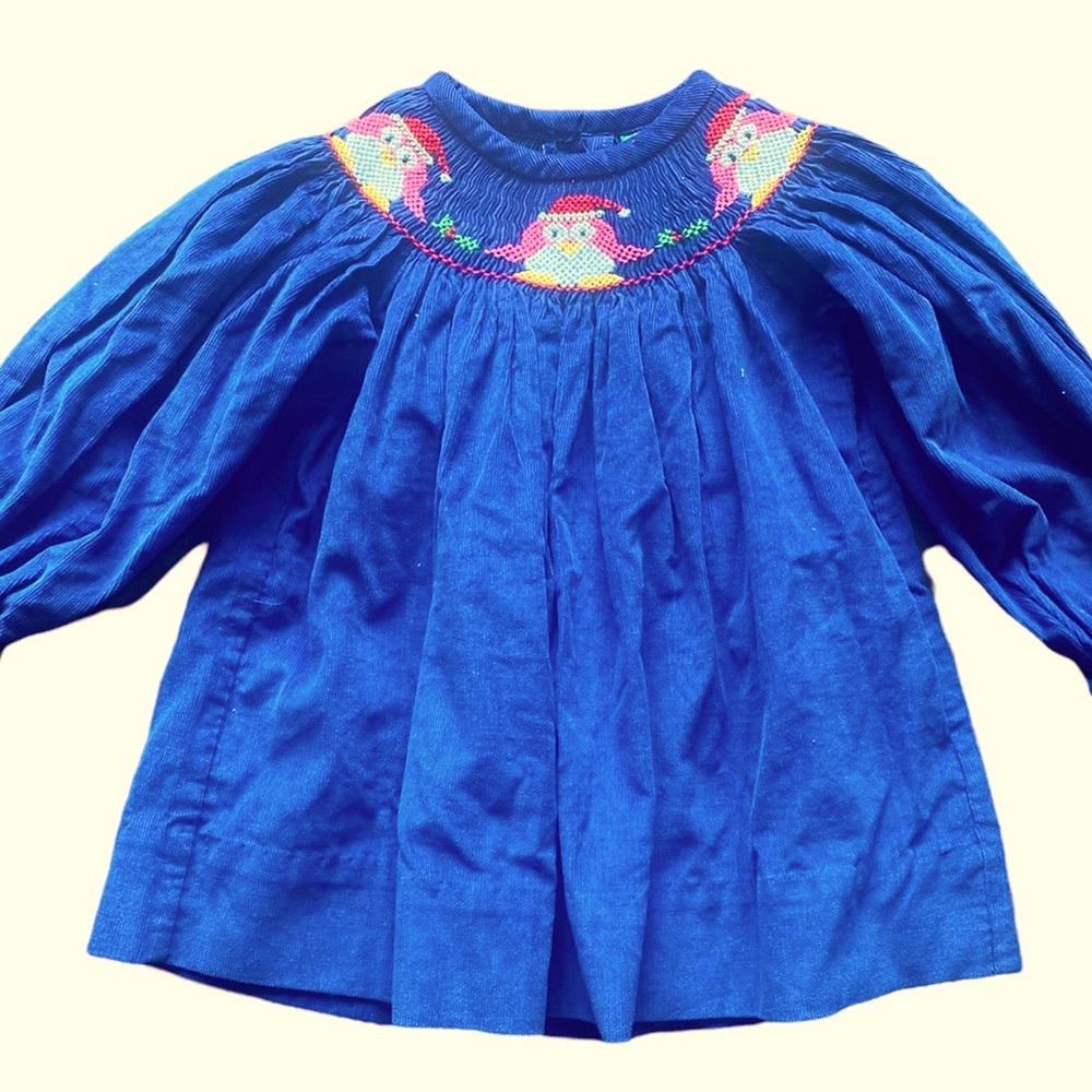 Blue Soft Corduroy Christmas Holly Penguin Santa Smock Dress 9 Month